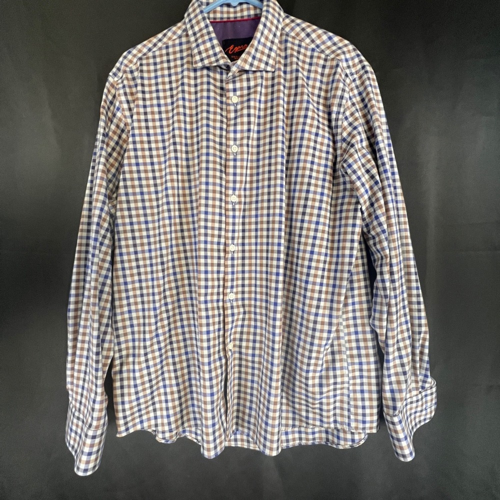Egara Mens XL Slim Fit Stretch Non Iron Gingham Check Long Sleeve Shirt Blue Tan
